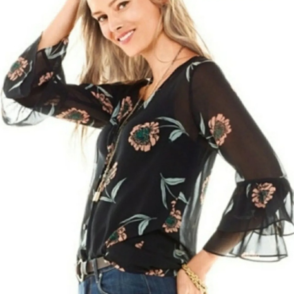 CAbi La-Di-Da Blouse Large black floral lightweight flowy sheer top shirt 5206